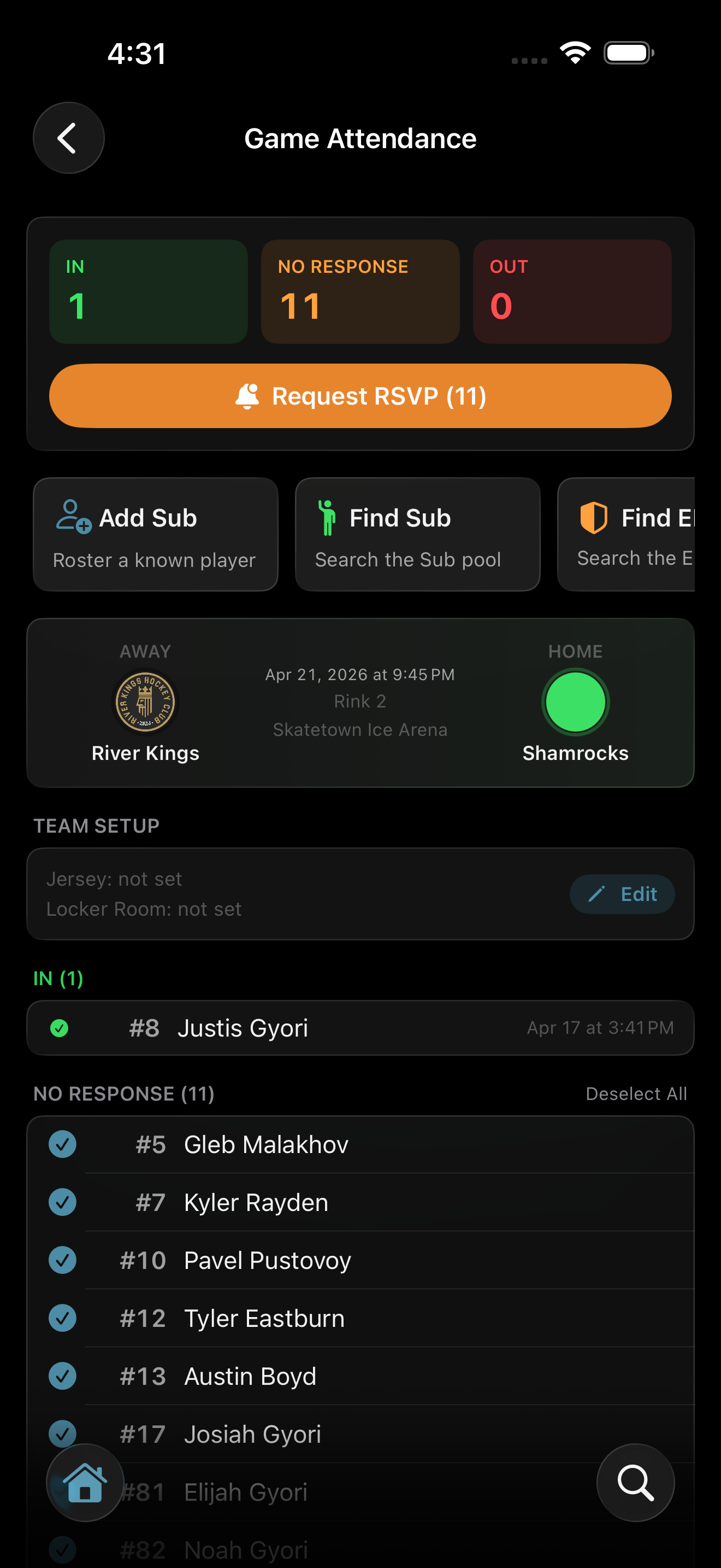 Game attendance screen showing In, No Response, and Out counts with a Request RSVP button