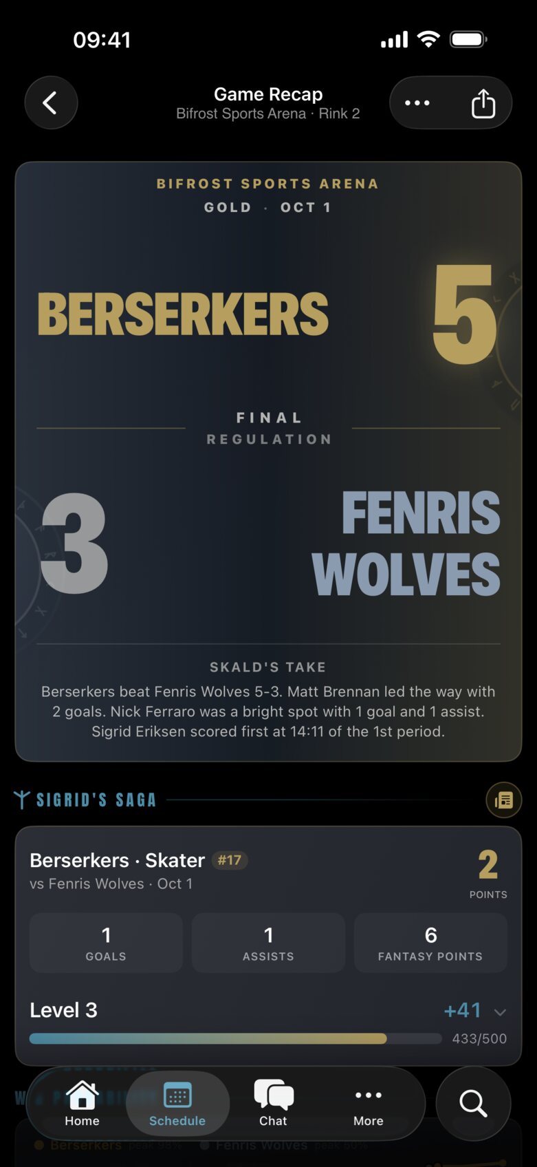 Game Center for a 5-3 Berserkers win over the Fenris Wolves, with the game recap and the player's own line.