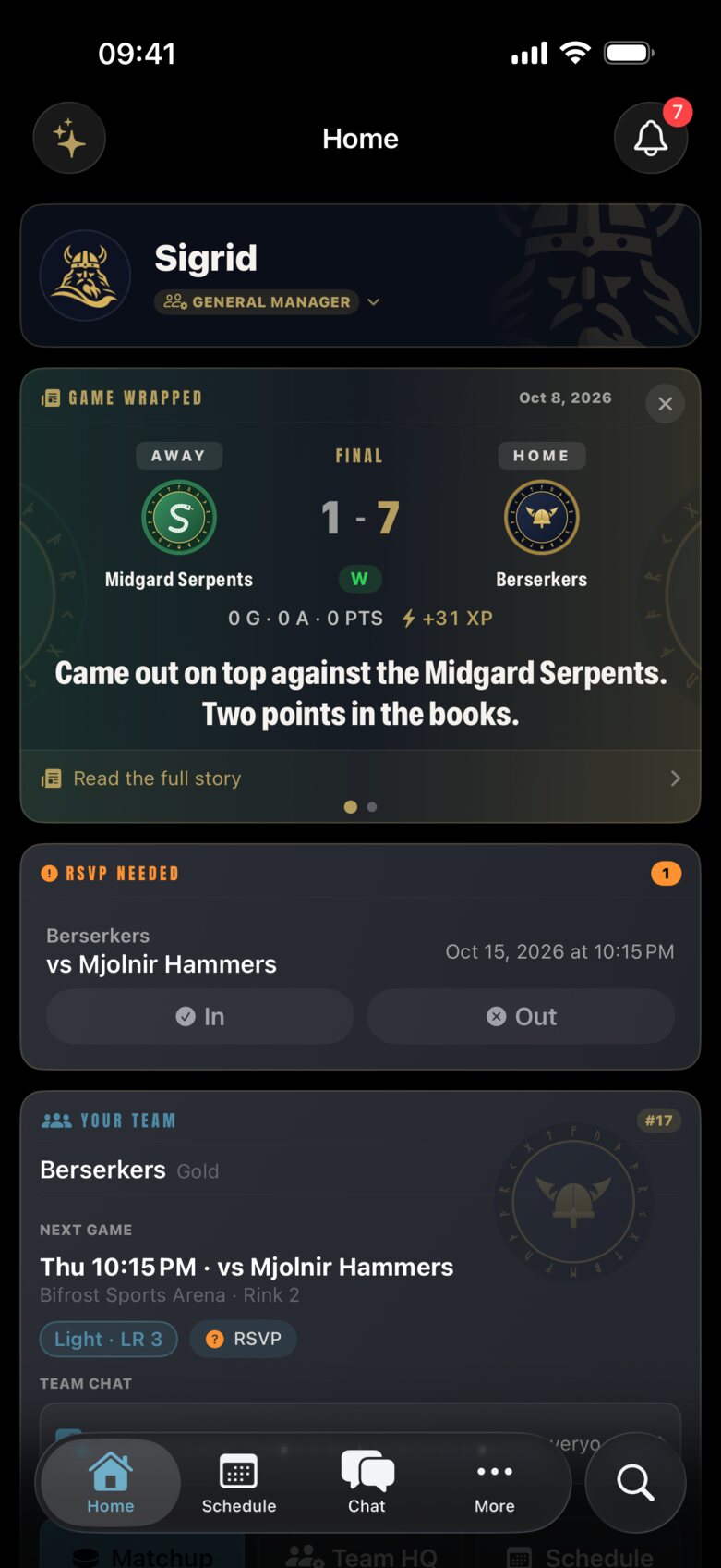 Home: Game Wrapped for the 7-1 win over the Midgard Serpents, then the next game, Berserkers vs Mjolnir Hammers on Thursday at 10:15 PM, with the RSVP, the team card and team chat.