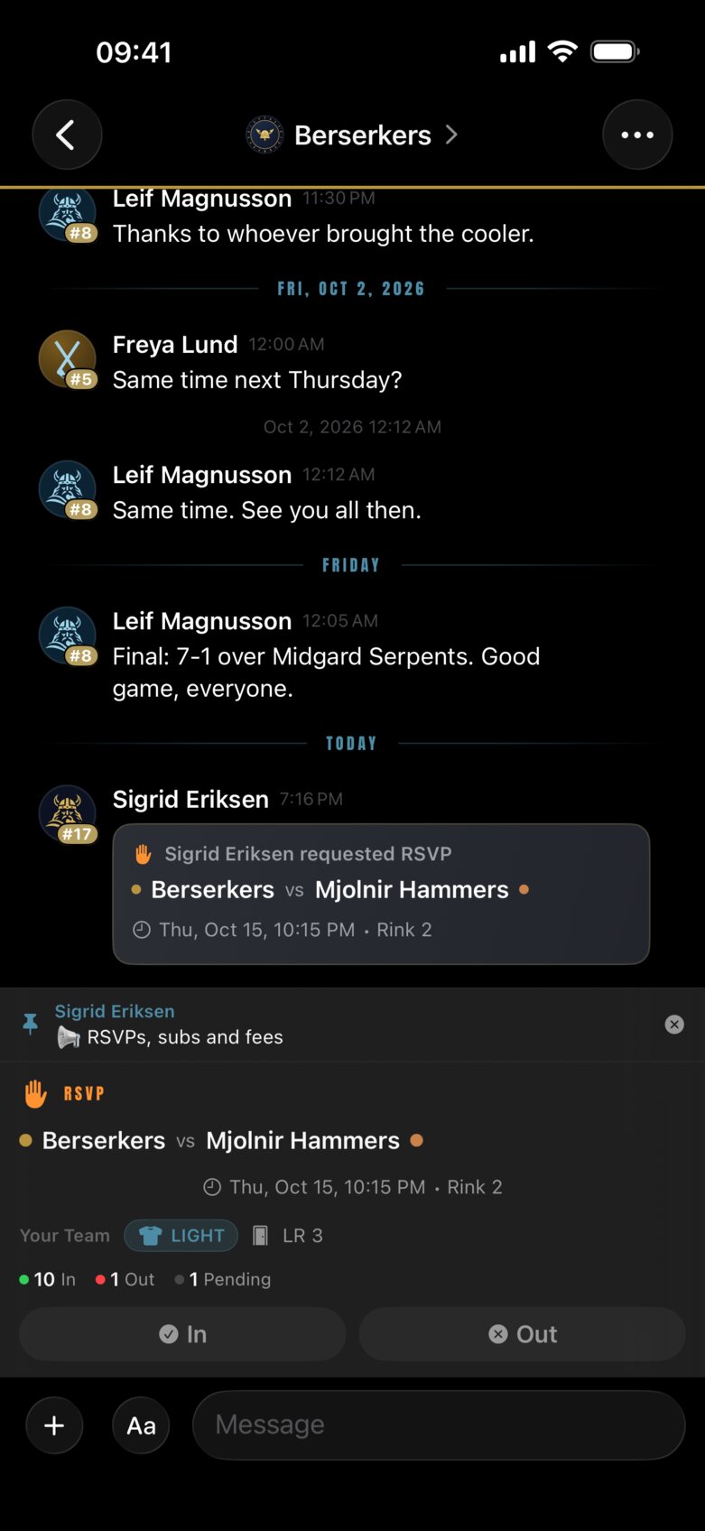 The Berserkers team chat with an RSVP request in the thread and the pinned RSVP card: 10 in, 1 out, 1 pending.