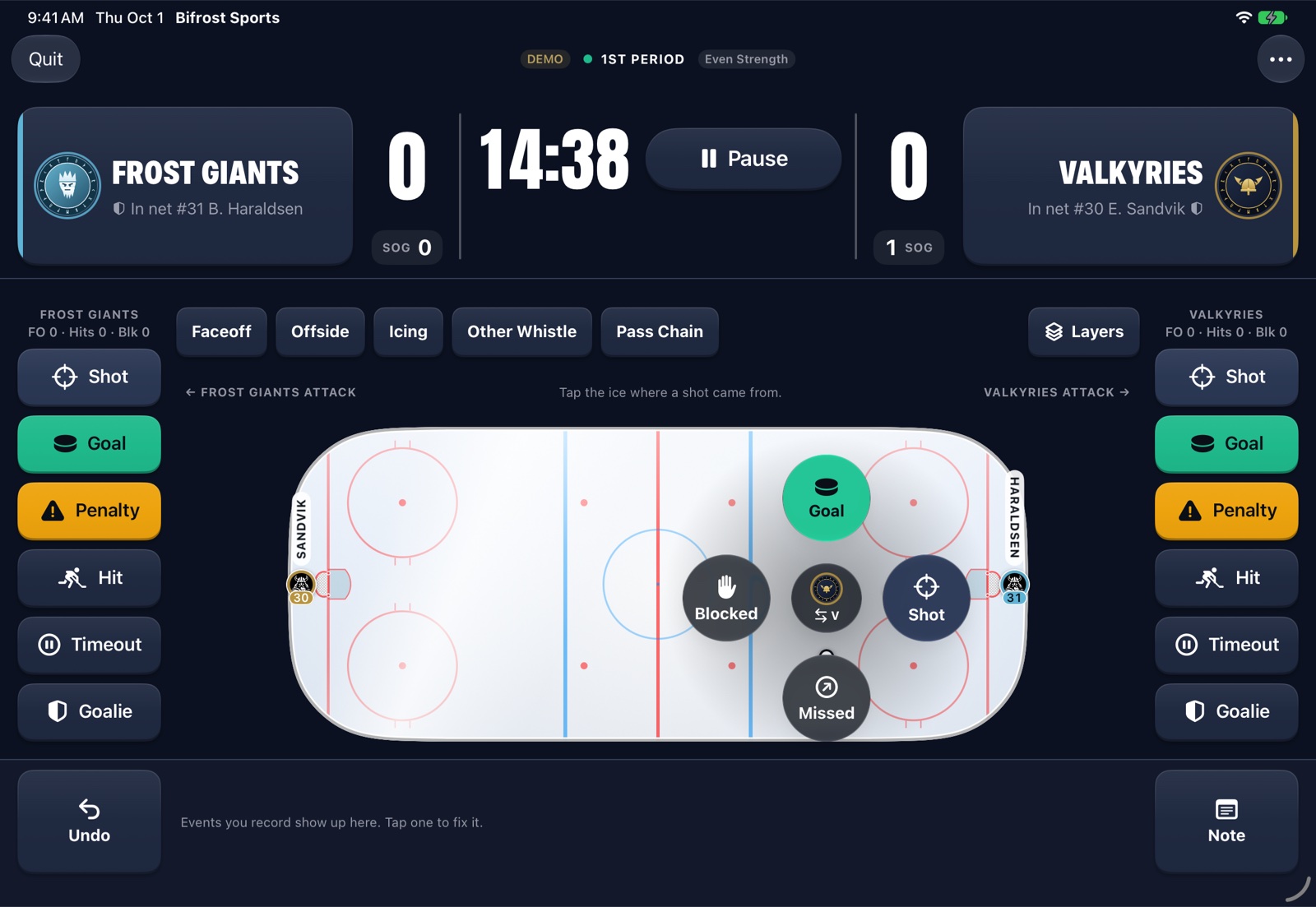 Advanced Mode on an iPad: a tap on the ice opens Goal, Shot, Blocked and Missed around the spot.