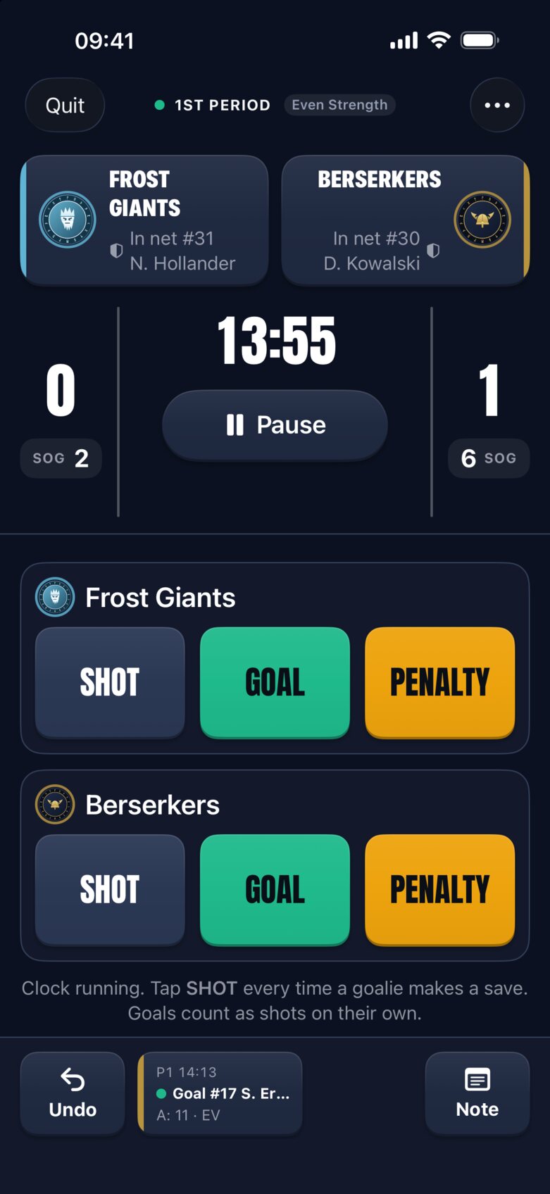 Tower Scoring, Rec Mode in the first period: Berserkers 1, Frost Giants 0, with Shot, Goal and Penalty for each team.